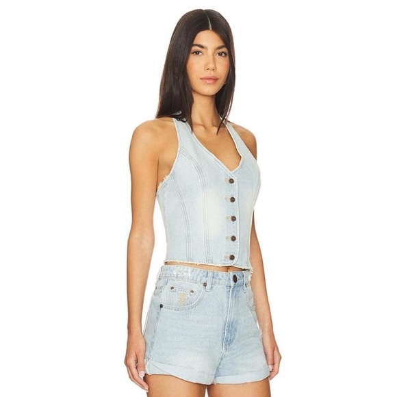 New Free People One Teaspoon Denim Halter Top Vest Jean Light Blue Medium - Picture 13 of 13
